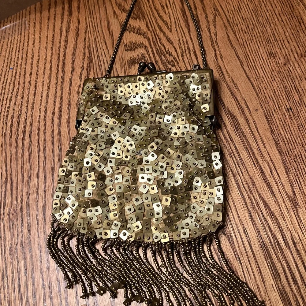 Vintage Gold Sequins & Seed Beads Fringed Purse Handbag - Picture 1 of 6